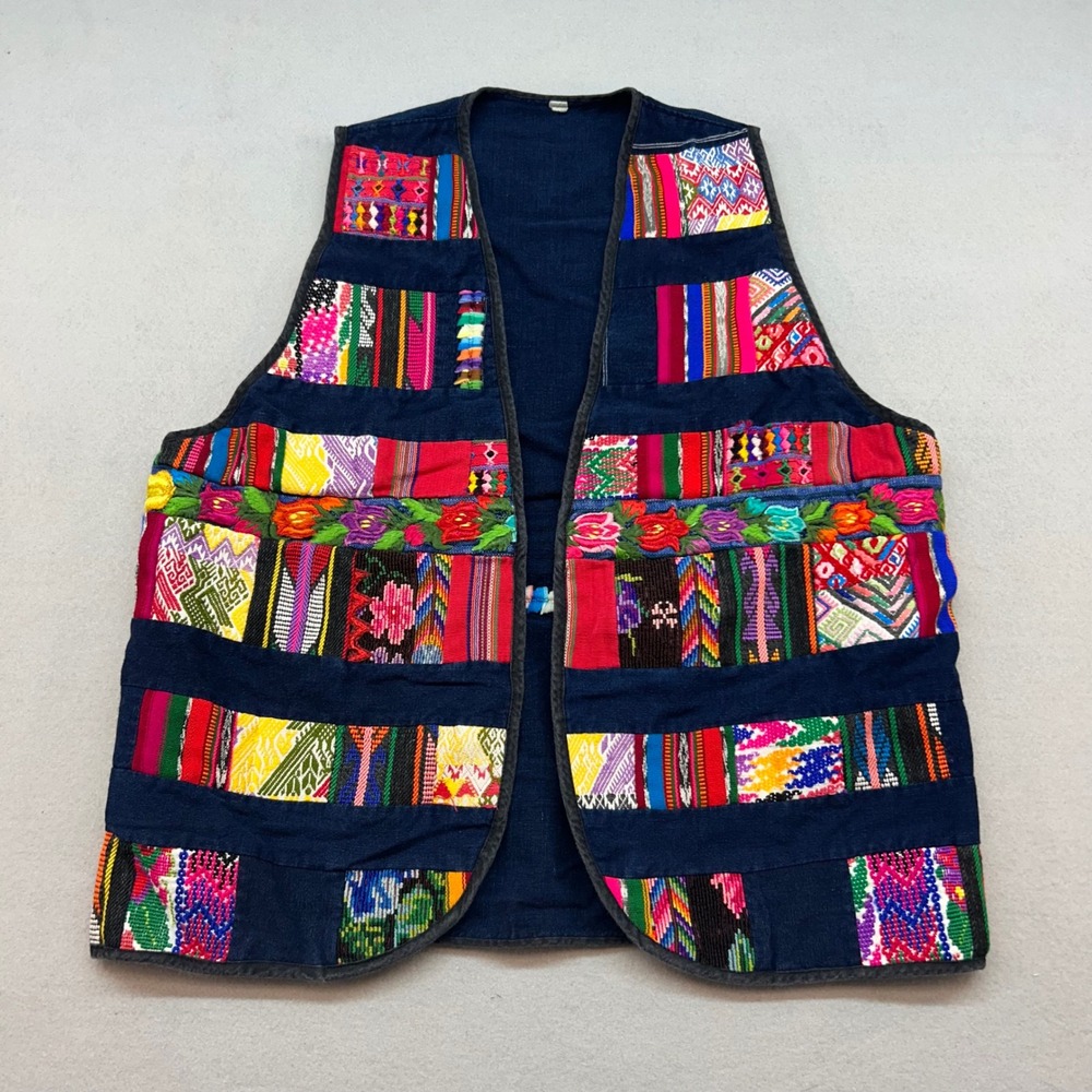 Vintage Handmade Patchwork Huipil Vest Navy Blue Embroidered Folk Art Boho
